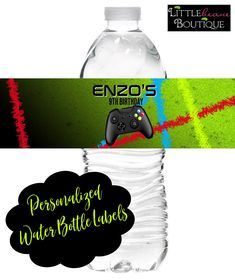 a water bottle label with a video game controller on it and the words, enzo's state birthday personalized water bottle labels