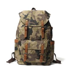 a camo backpack with brown straps