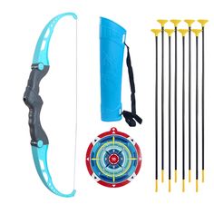 an archery set with arrows, bow and target on a white background next to it's accessories