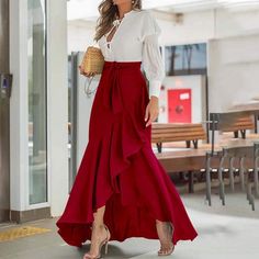 Ruffle Long Skirt, Womens Skirt Outfits, Maxi Skirts Summer, Fishtail Maxi Dress, Irregular Skirt, Long Skirt Fashion, High Waist Long Skirt, Skirt Wrap, Dress Asymmetrical