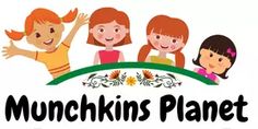 the logo for munchkins planet with three girls on top and one girl holding her hands up