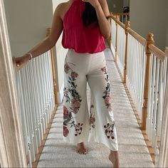 Beautiful White Floral Pants From Zara. So Sad I Have To Sell But Too Tight On Me! Brand New With Tag! Waist Is A Little Bit Over 13 Inches Laying Flat Ships Same Day Elegant Floral Print Bottoms For Brunch, White Floral Print Ankle-length Bottoms, White Floral Print Ankle-length Pants, Floral Print Wide Leg Bottoms For Brunch, White Floral Print Summer Pants, White Floral Print Pants For Summer, Spring Brunch Wide Leg Trousers, White Floral Print Trousers, Elegant Floral Print Bottoms For Day Out