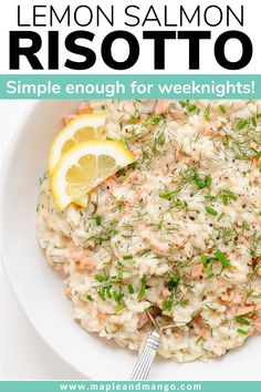 lemon salmon risotto in a white bowl with text overlay