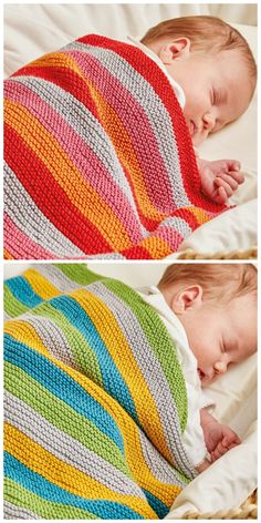 a baby sleeping on top of a bed covered in a multicolored knitted blanket