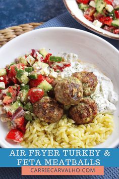 two plates with meatballs, pasta and vegetables on them next to a basket of salad