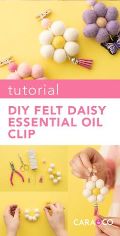 the instructions for how to make felt daisy clippies are displayed on a yellow background