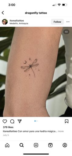 a small dragonfly tattoo on the arm