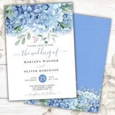 Blue Hydrangeas Watercolor Floral Wedding Invitation Hydrangea Blue Wedding, Wedding Hydrangeas, Wedding Invitation Flyer, Hydrangea Wedding Invitations, Wedding Invitation Watercolor, Blue Hydrangea Wedding, Invitation Etiquette, Hydrangea Wedding, Invitation Examples