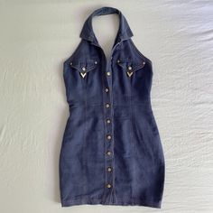 Amazing Market Find In Rome, In Incredible Condition. A 1990's Denim (Cotton/Linen Blend) Button-Up Mini Dress With Gold Detailing And Halter-Top. Denim Halter Top, 90s Versace, Versace Blue, Halter Top Dresses, Denim Cotton, Halter Top, Cotton Linen, Blue Gold, Linen Blend