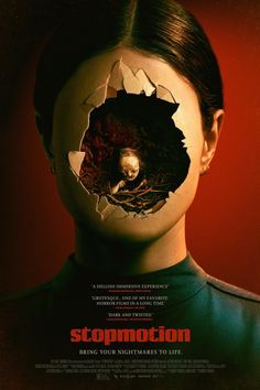 a poster for the movie stopmotn showing a woman's face through a hole