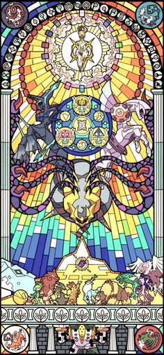 an image of a stained glass window with many different things in the center and below it