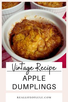 vintage recipe apple dumplings in white bowls on a red tablecloth with text overlay