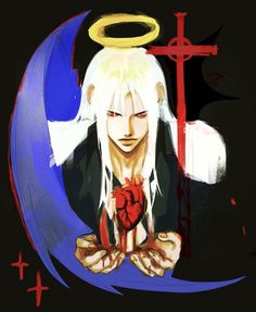 an anime character with white hair holding a heart in front of a cross and two crosses