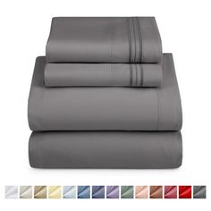 four piece sheet set with sheets and pillowcases in various colors, including grey