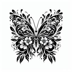 a black and white butterfly with flowers on it's wings