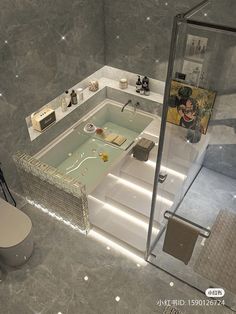 a bathroom with a large jacuzzi tub next to a toilet