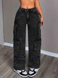 Women Casual Straight Leg Workwear Black Cargo Jeans, Washed Denim Pant Black Casual   Denim Plain Straight Leg Non-Stretch  Women Clothing, size features are:Bust: ,Length: ,Sleeve Length: Cargo Neri, Black Denim Jeans Outfit, Black Cargo Jeans, Korean Tips, Denim Jeans Outfit, Workwear Jeans, Cozy Fall Outfits, Jeans Cargo, Jean Trends