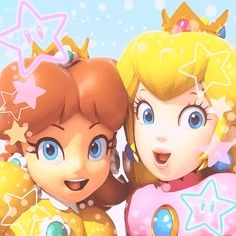 two cartoon characters standing next to each other with stars on their heads and one has blue eyes