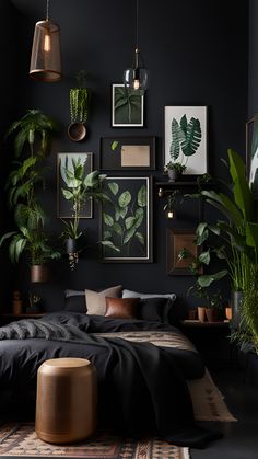 a bedroom with black walls and plants on the wall