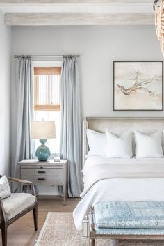 a bedroom with white bedding and blue accents