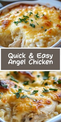 an easy chicken and cheese casserole recipe in a white dish with the title overlay