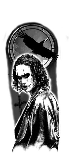 a black and white drawing of the joker in front of a clock with a crow on it