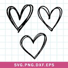 three hearts drawn in black ink with the words svg png eps dxf