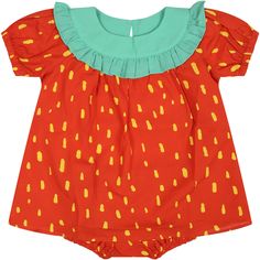 Color: Red Red dress in organic cotton, short sleeves, with bib collar, button closure on the back, scalloped hem, matching culotte with elasticated waist. It is embellished with all-over yellow print and green embroidery on the front 100% Organic Cotton. Wash at 30°C. Dress For Baby Girl, Green Embroidery, Bib Collar, Kenzo Kids, Saint Laurent Shoes, Yellow Print, Stella Mccartney Kids, Scalloped Hem