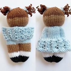 two knitted dolls are sitting next to each other on a white surface, one is brown and the other is blue