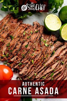 sliced flank steak with limes, tomatoes and jalapenos on the side