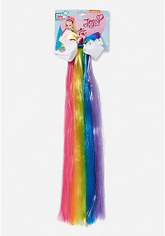 a long rainbow colored hair with a white tag on it