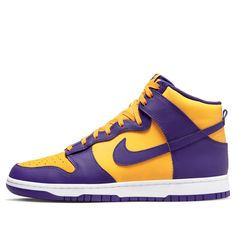 The Nike Dunk High "Lakers" is a classic style brought to life with in the team's signature court purple overlays and a matching swoosh over an amber foundation. The high-top upper is crafted from soft leather with a perforated toe box, woven Nike tag and breathable nylon tongue for long-lasting comfort. The design is completed with white sides, a durable purple rubber outsole and long-lasting rubber cup sole; ideal for showing your support for the team. Nike Collegiate Basketball Shoes, Purple Leather Basketball Shoes For Sports, Purple High-top Leather Skate Shoes, Purple Basketball Shoes For Streetwear, Purple Leather High-top Skate Shoes, Purple High-top Sneakers For Sports, Purple Leather Mid-top Basketball Shoes, Casual Purple Sneakers For Basketball, Purple Skate Shoes With Boost Midsole For Sports