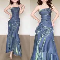 Prom Dresses Gray, Gaun Fashion, Spaghetti Strap Prom Dress, Blue Party Dress, Blue Party