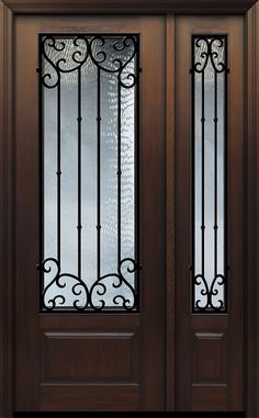 a pair of double doors with wrought iron bars and glass panels on the top part of each door