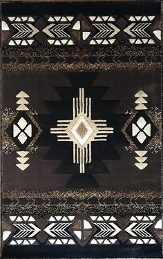 a black and white rug with an intricate design