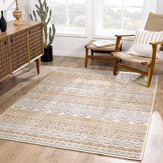 a living room area with chairs, rugs and a plant in the corner on the floor