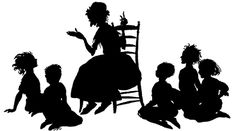 the silhouettes of children sitting in front of a chair with an adult standing next to them