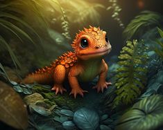 an orange lizard sitting on top of a lush green forest