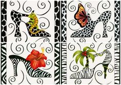 four pictures with different designs on them, one in zebra print and the other in high heel shoes