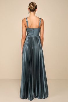 Blue Grey Satin Dress - Pleated Maxi Dress - Bustier Maxi Dress - Lulus Grey Satin Dress, Pleated Bustier, Long Dresses For Women, Beach Bridesmaid Dresses, Vegas Dresses, Pleated Skirt Dress, Derby Dress, Rush Dresses, Sleeveless Gown