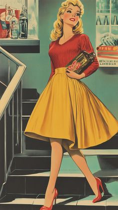 a painting of a woman in a red dress and heels walking up the stairs holding a purse