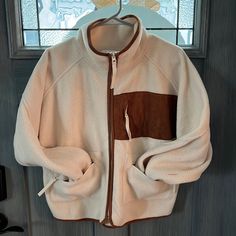 Purchased From A Boutique Full Zip Closure Sherpa Fleece Oatmeal And Tan Nwot Comfortable Fleece Jacket For Fall Outdoor Activities, Winter Fleece Jacket For Layering With Pockets, Beige Fleece Jacket For Winter, Fleece Outerwear With Pockets For Layering, Layering Fleece Jacket With Pockets, Casual Winter Fleece Jacket For Layering, Brown Sherpa Fleece Jacket With Pockets, Beige Fleece Jacket With Pockets For Cold Weather, Beige Fleece Jacket For Fall