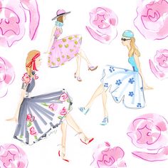 three women in dresses and hats are walking through the flower - filled sky with pink flowers