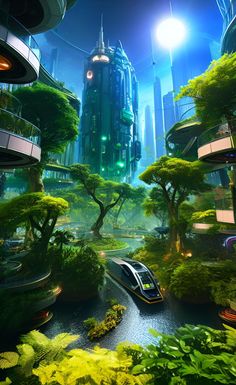 a futuristic city surrounded by trees and plants