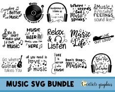 the music svg bundle includes headphones, musical instruments and other handwritten words