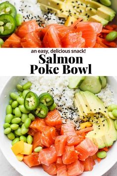 salmon poke bowl with rice, peas and avocado on the side in a white bowl