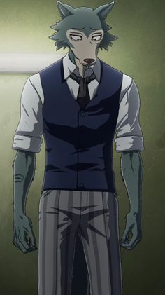 an anime character wearing a vest and tie with his hands in his pockets, looking at the camera