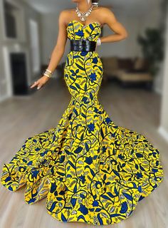 Queen Habika Mermaid Dress (Stretchy Women’s Mermaid Dress made In African Ankara Dashiki Kente Multicolored Print Fabric) - Chimzi Fashion | Buy Now on Sellox Yellow Fitted Long Gown, Fitted Yellow Maxi Gown, Yellow Fitted Maxi Gown, African Elegance, African Wedding Dress, Elegance Style, African Ankara, Stretchy Dress, African Wedding