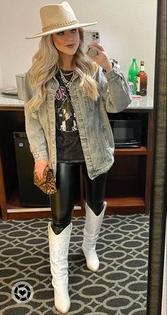 Cowboy Boot Party Outfit, New Years Eve Outfits Cowgirl, Winter Outfits With Western Boots, Vegas Country Concert Outfit Ideas, Concert Outfit With Hat, Western Outfit Ideas Winter, Knee High Boots Outfit Western, Plus Size Vegas Outfits Winter, Cowgirl Boots And Leggings Outfit