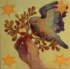 a painting of a hand holding a plant with a bird on it